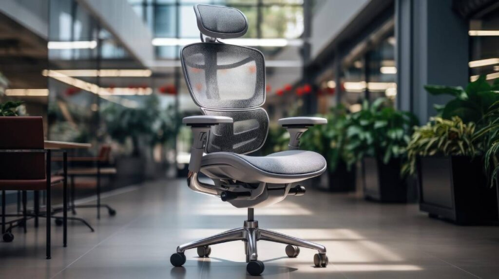 A modern office chair positioned in a spacious, well-lit room with minimalistic decor.