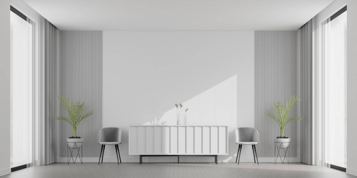 Minimalist modern living room with white walls, curtains, a sideboard, two chairs, and potted plants by the windows.