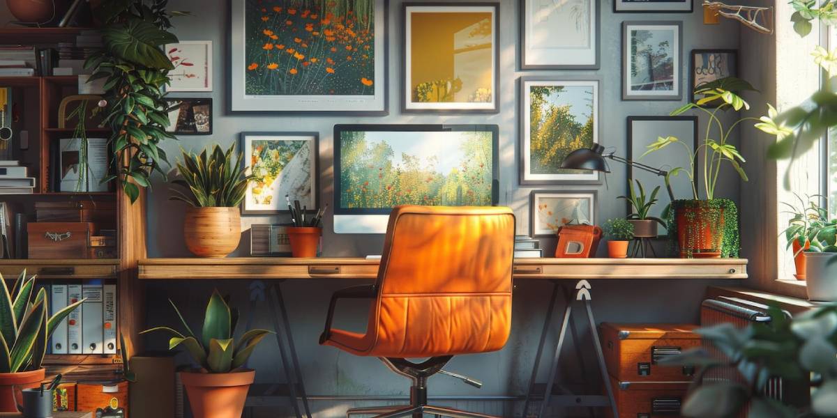 A cosy home office with an orange chair, surrounded by plants and framed nature prints on the walls.
