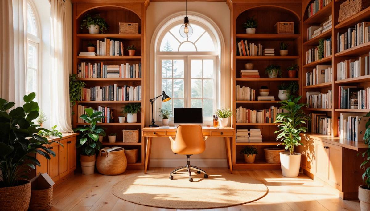 A cozy home office featuring bookshelves filled with books and a neatly organized desk.