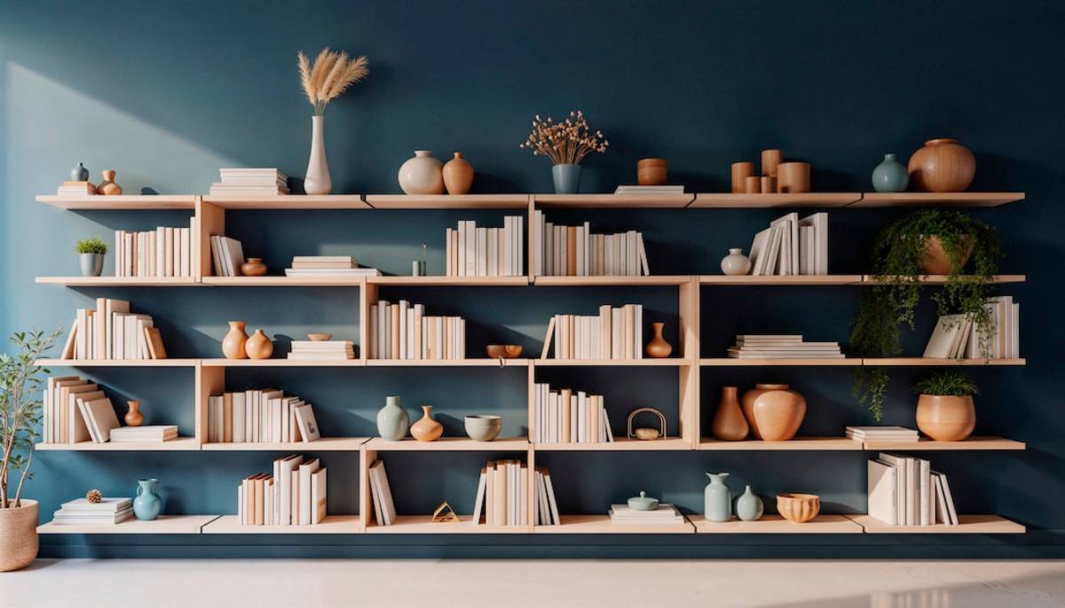 A blue wall featuring bookshelves filled with books and decorative vases.