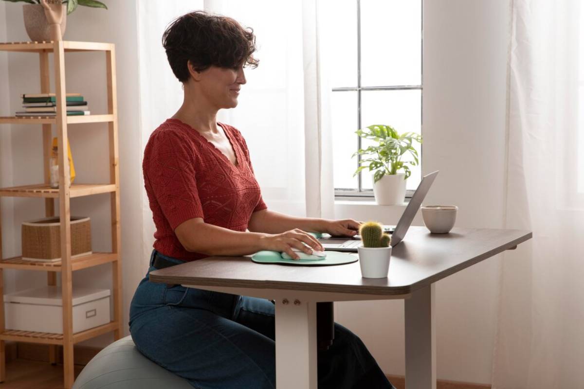 Woman sitting on an exercise ball at a desk working on a laptop, with plants nearby in a bright room.