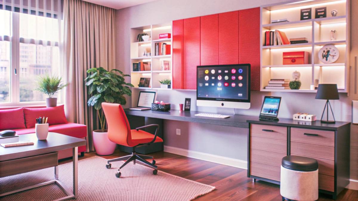 Modern home office with red sofa, contemporary desk setup, and built-in shelves. Bright and well-organized space.