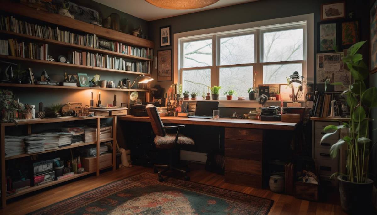  A home office featuring a desk and bookshelves filled with books, creating a cozy and organized workspace.