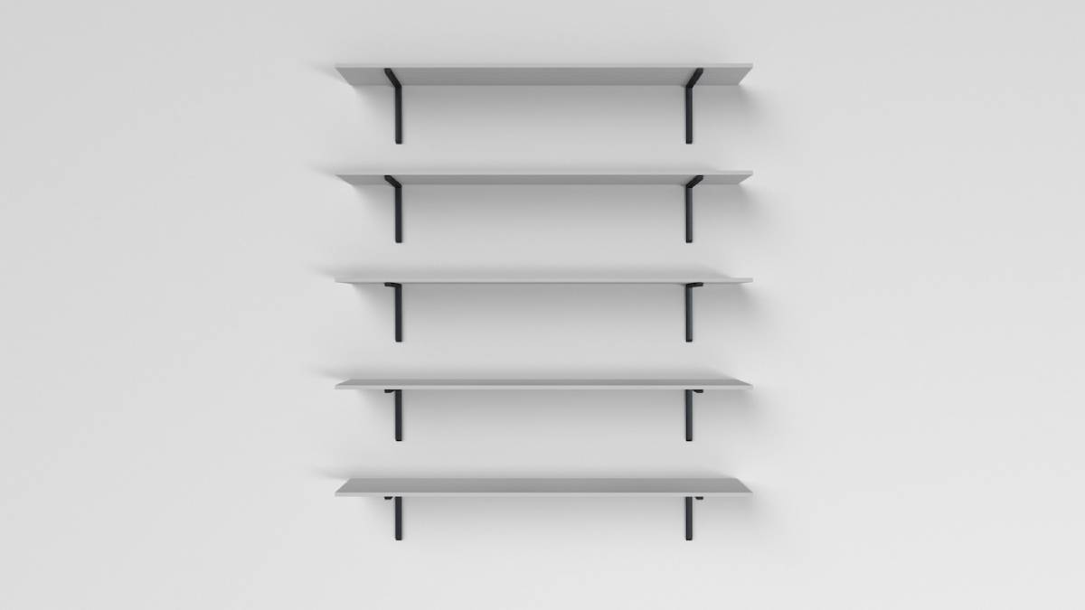 A wall-mounted shelf featuring four evenly spaced shelves for storage or display purposes.
